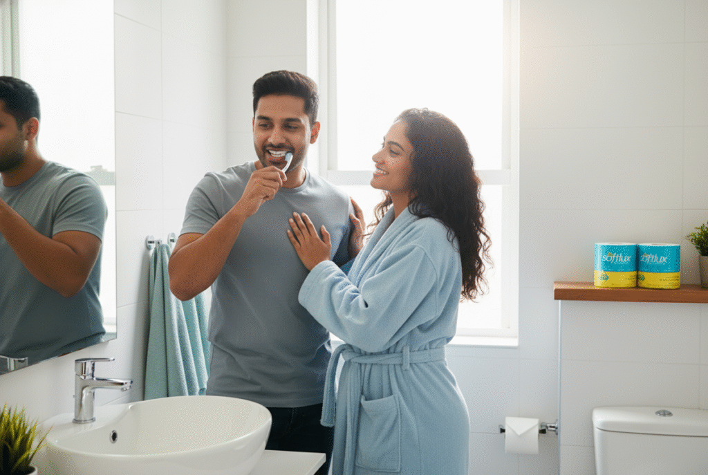 Softlux Facial Tissues with 2X-Absorbent Rapid-Soak Technology Couple using Softlux facial tissues in a modern bathroom.
