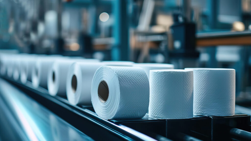 Close-up view of white paper rolls on a production line in a factory Close-up of white premium tissue paper rolls on production line